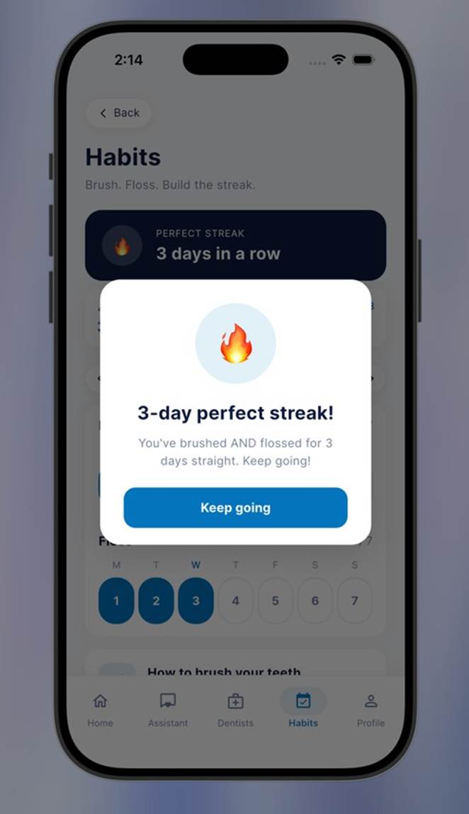 Dent24 daily habits streak celebration showing a 3-day streak