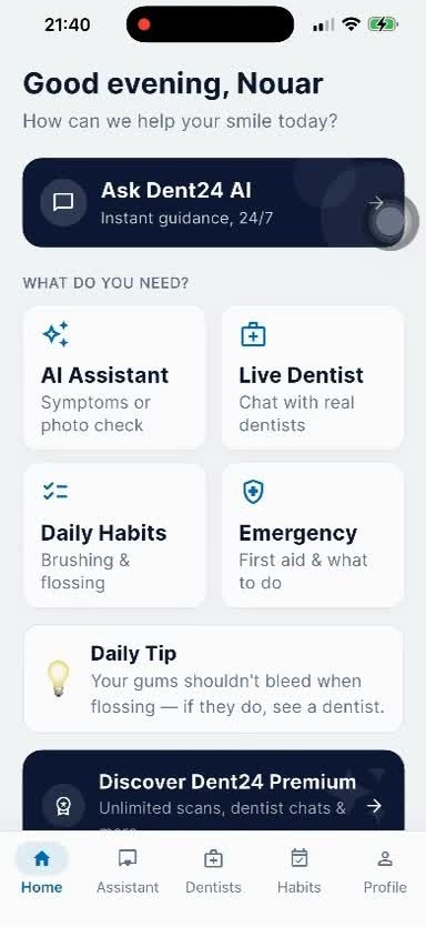 Dent24 home screen with AI Assistant, Live Dentist, Daily Habits and Emergency sections