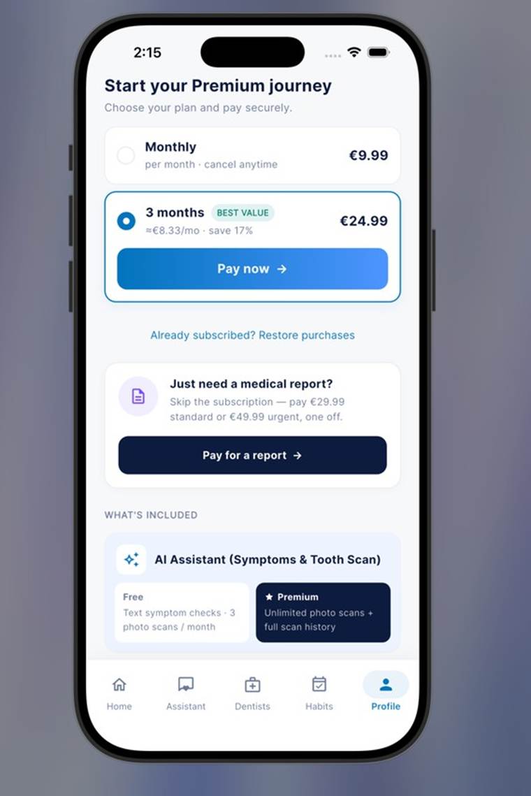 Dent24 Premium plans screen showing monthly at €9.99 and 3-month plan at €24.99