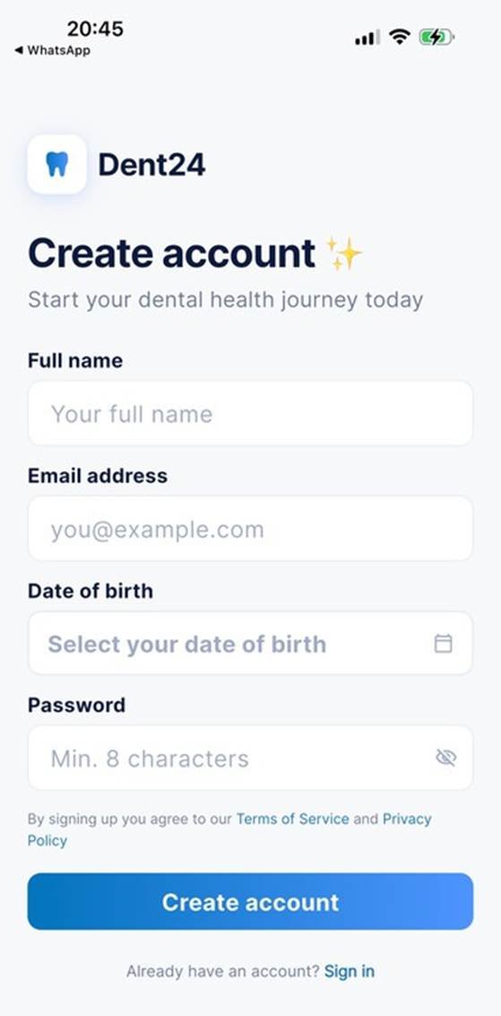 Dent24 create account screen with name, email and password fields