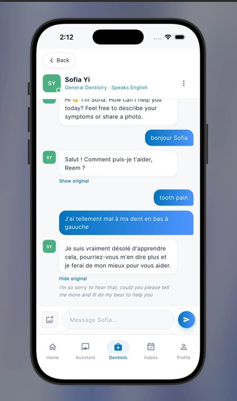 Dent24 live dentist chat with real-time translation between English and French
