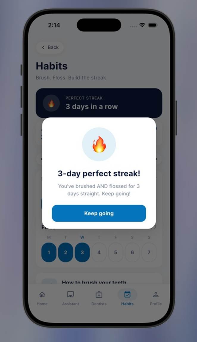 Dent24 daily habits streak celebration showing a 3-day streak