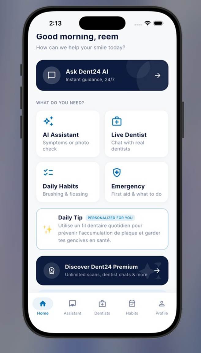 Dent24 app home screen with AI Assistant, Live Dentist, Daily Habits and Emergency sections