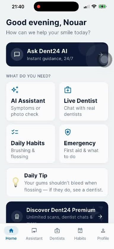 Dent24 home screen with AI Assistant, Live Dentist, Daily Habits and Emergency sections