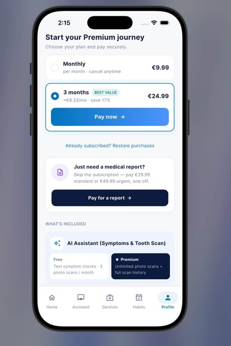 Dent24 Premium plans screen showing monthly at €9.99 and 3-month plan at €24.99